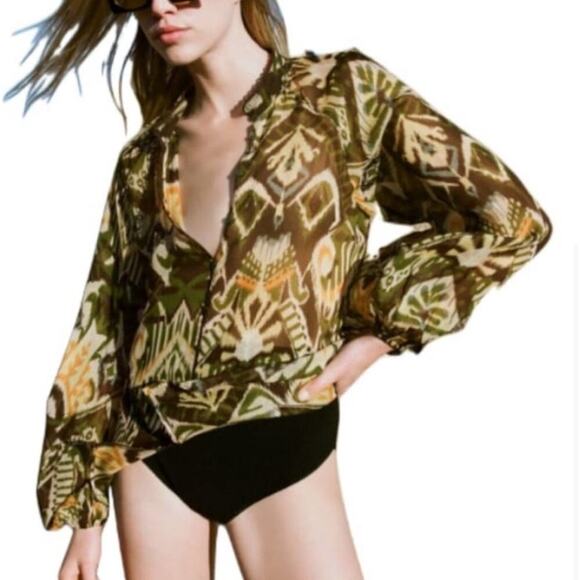 Zara Brown & Green Boho Aztec Print‎ Sheer Long Sleeve Button Down Shirt Size L - Picture 1 of 10